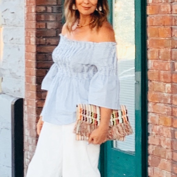 Zara Tops - 🕶️Zara Blue/White Stripe Off Shoulder Smocked Coquette‎ 3/4 sleeve blouse top L